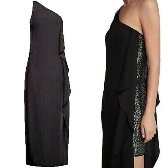 BCBGMAXAZRIA one-Shoulder ruffle glitter panel evening gown maxi dress black 0 - Picture 3 of 13